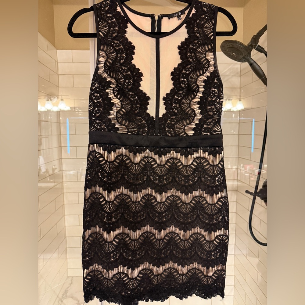 Black and nude mesh lace dress